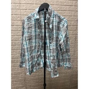 Womens Long Sleeve Plaid Button Up Shirt‎ Teal Gray Size L